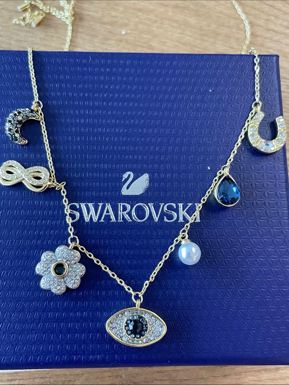 Swarovski Gold Charm Necklace Black Crystal Eye Moon Pearl Horseshoe Infinity
